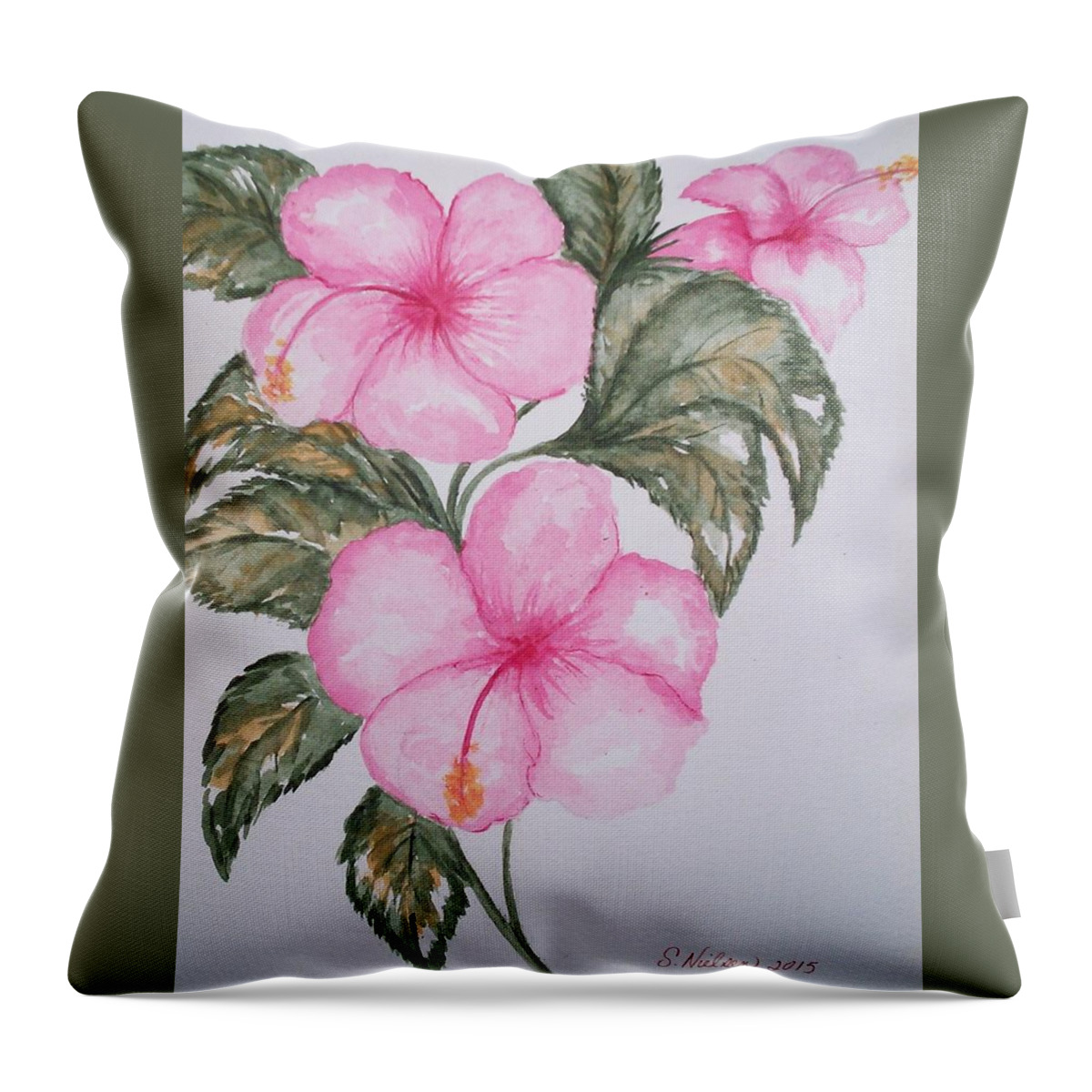 Hibiscus Throw Pillow featuring the painting Pink Hibiscus by Susan Nielsen