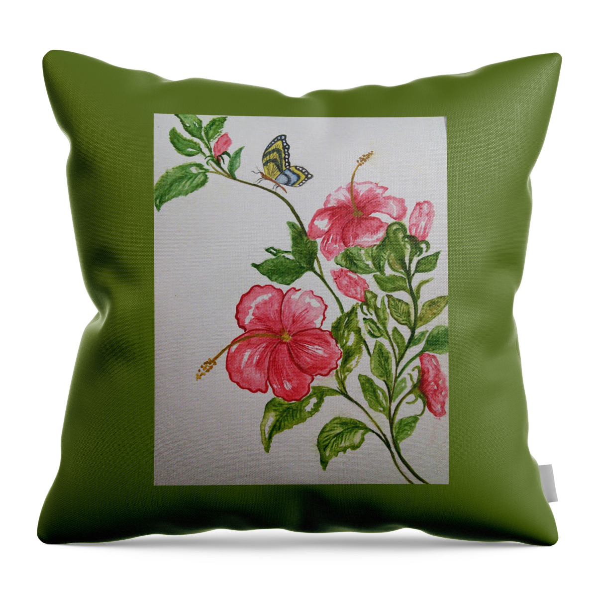 Floral Throw Pillow featuring the painting Pink Hibiscus with Butterfly by Susan Nielsen