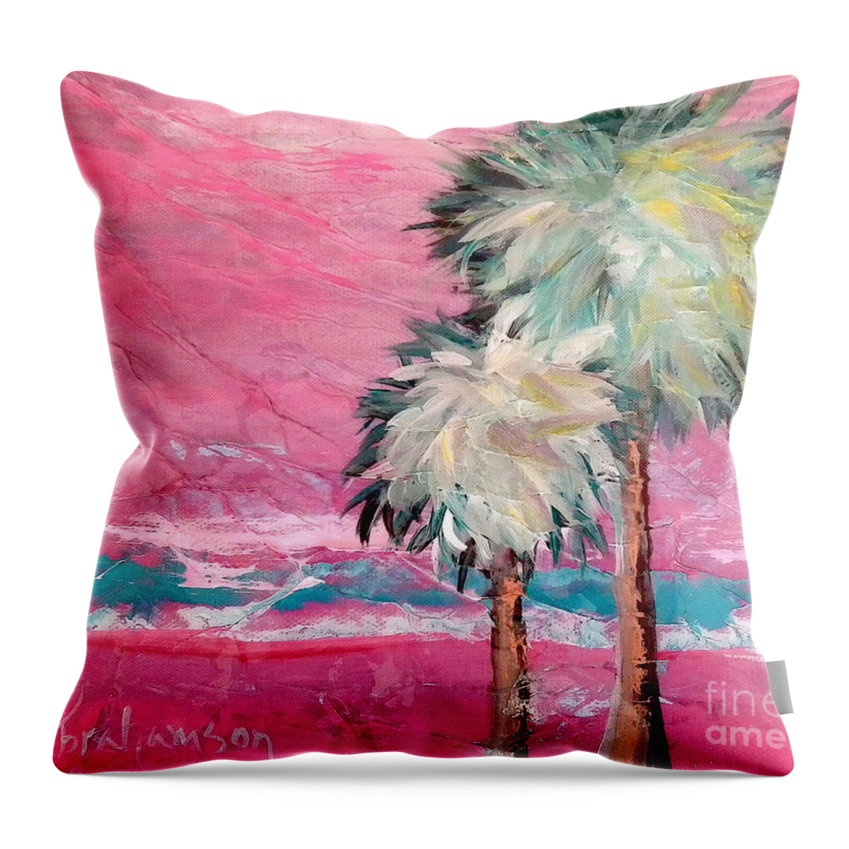 Palm Trees Throw Pillow featuring the painting Pink Horizon Palms by Kristen Abrahamson