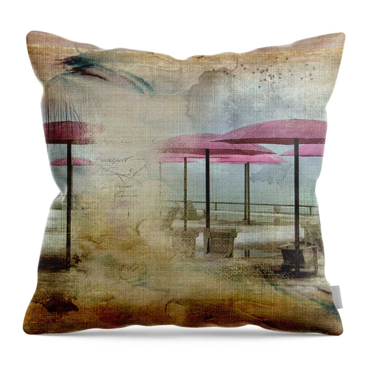 Toronto Throw Pillow featuring the digital art Pink Parasols on Sugar Beach by Nicky Jameson