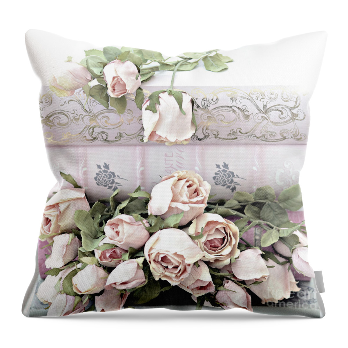 Pink Roses Photography Throw Pillow featuring the photograph Pink Shabby Chic Roses On Pink Cottage Books - Shabby Cottage Pink Roses Home Decor by Kathy Fornal
