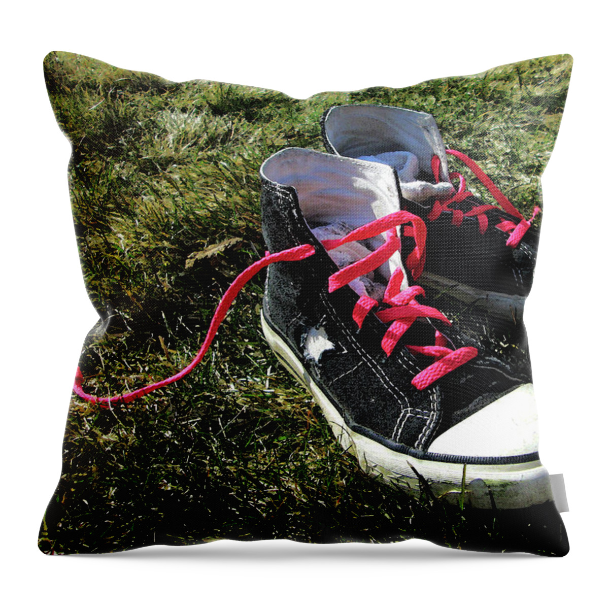 Sneakers Throw Pillow featuring the digital art Pink Shoe Laces by Mary Capriole
