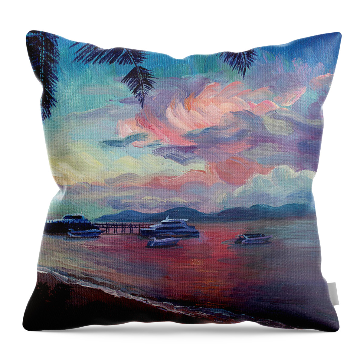 Thailand Throw Pillow featuring the painting Pink Sunset at Samui Beach by Alina Malykhina