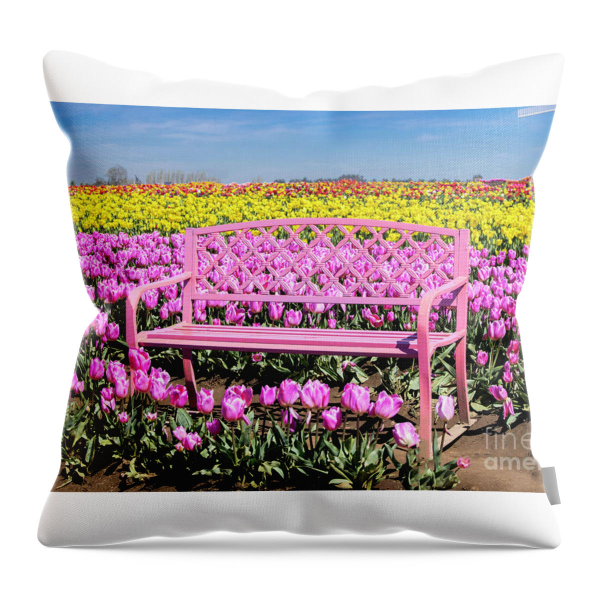 Tulip Throw Pillow featuring the photograph Pink Tulip Bench by Louise Magno