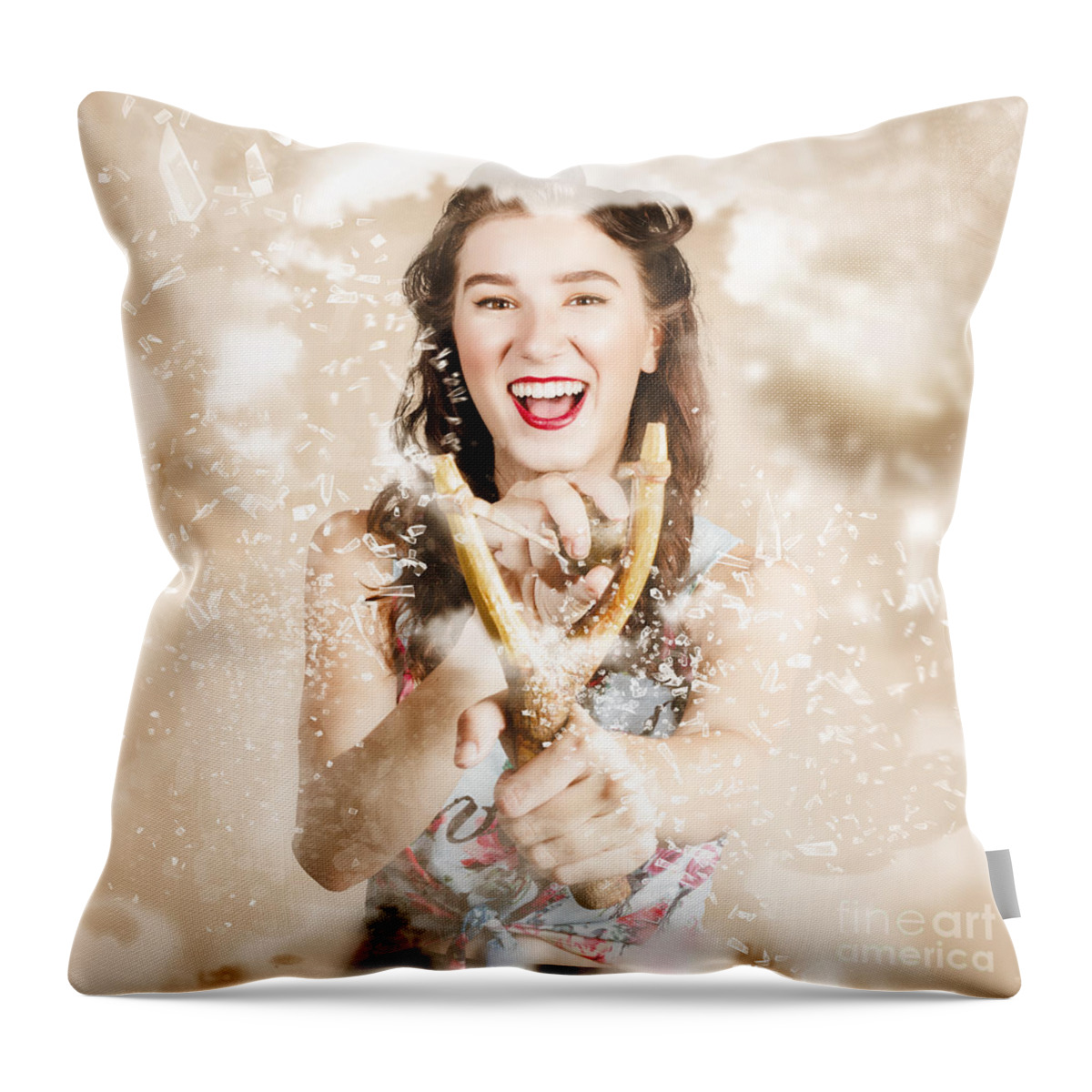 Target Throw Pillow featuring the photograph Pinup woman shooting rocks with toy slingshot by Jorgo Photography