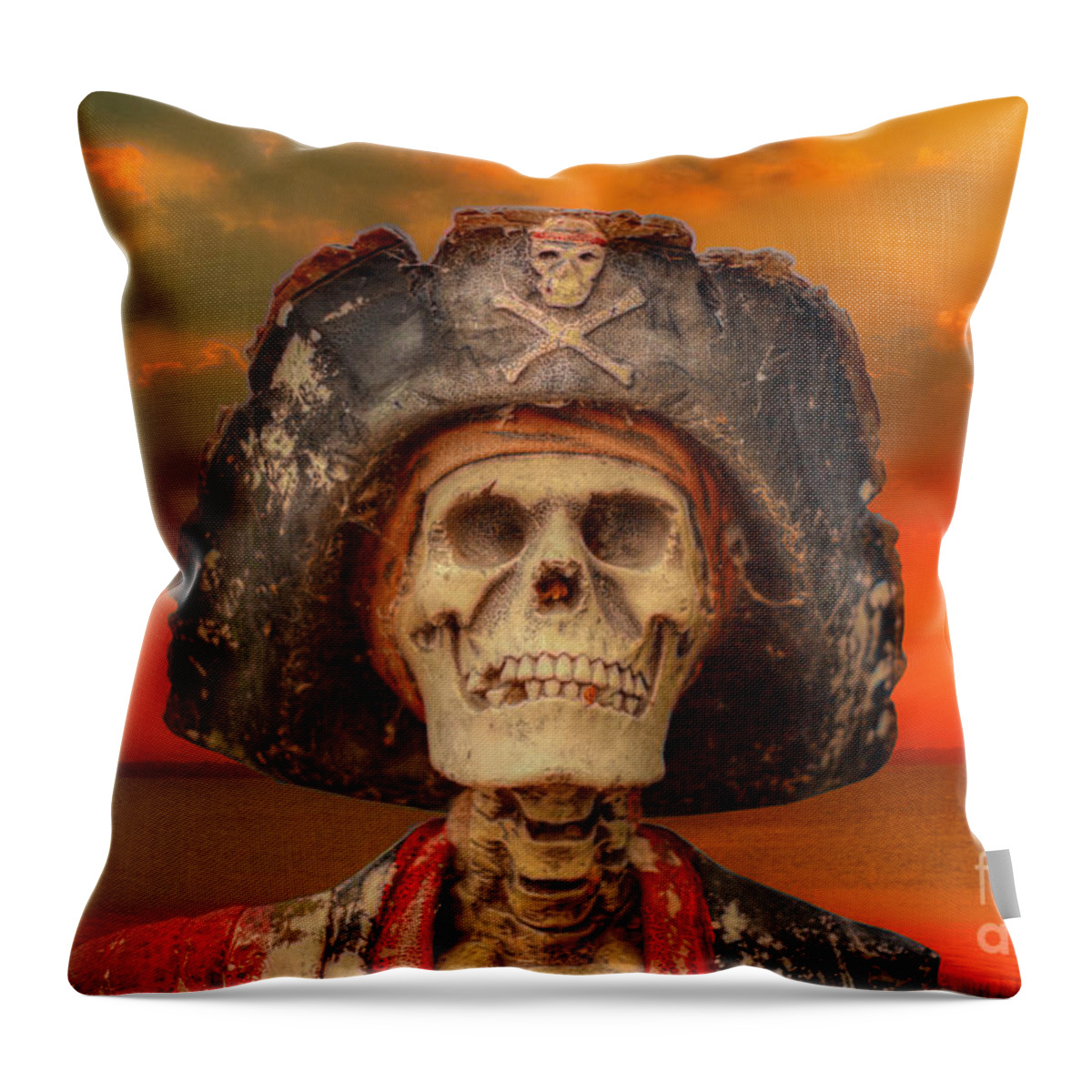 Pirate Throw Pillow featuring the digital art Pirate Skeleton Sunset by Randy Steele