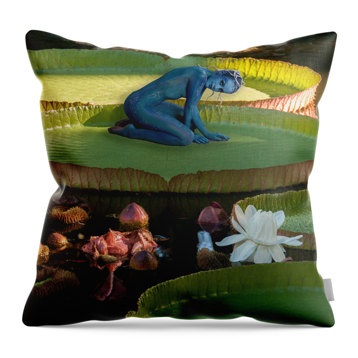 Lily Pads Pixie Girl Flowers Fauna Throw Pillow featuring the photograph Pixie girl by Carolyn D'Alessandro