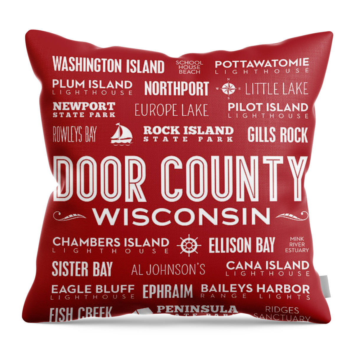Door County Throw Pillow featuring the digital art Places of Door County on Red by Christopher Arndt
