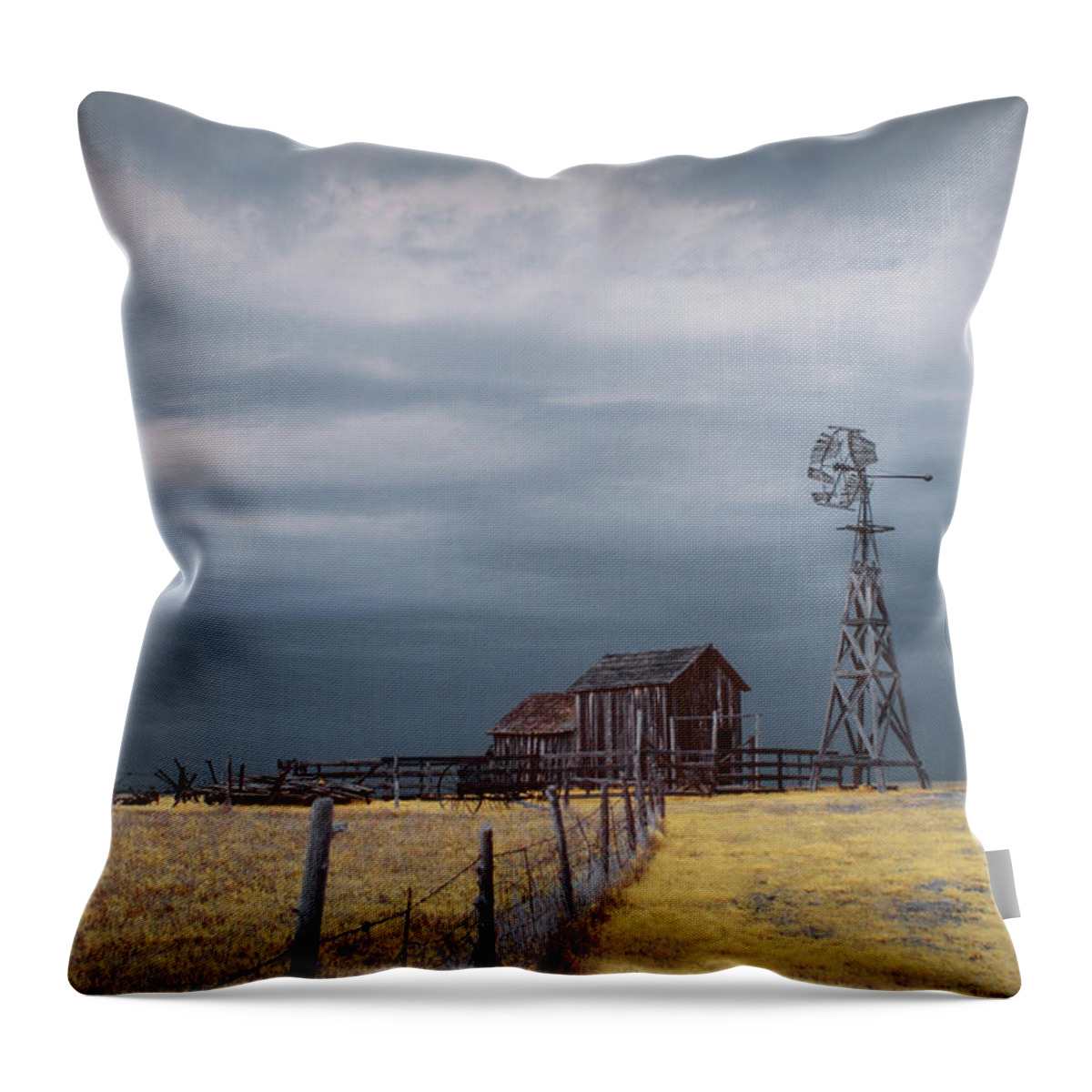 Art Throw Pillow featuring the photograph Plains Frontier Windmill and Barn at 1880's Town in Infrared by Randall Nyhof