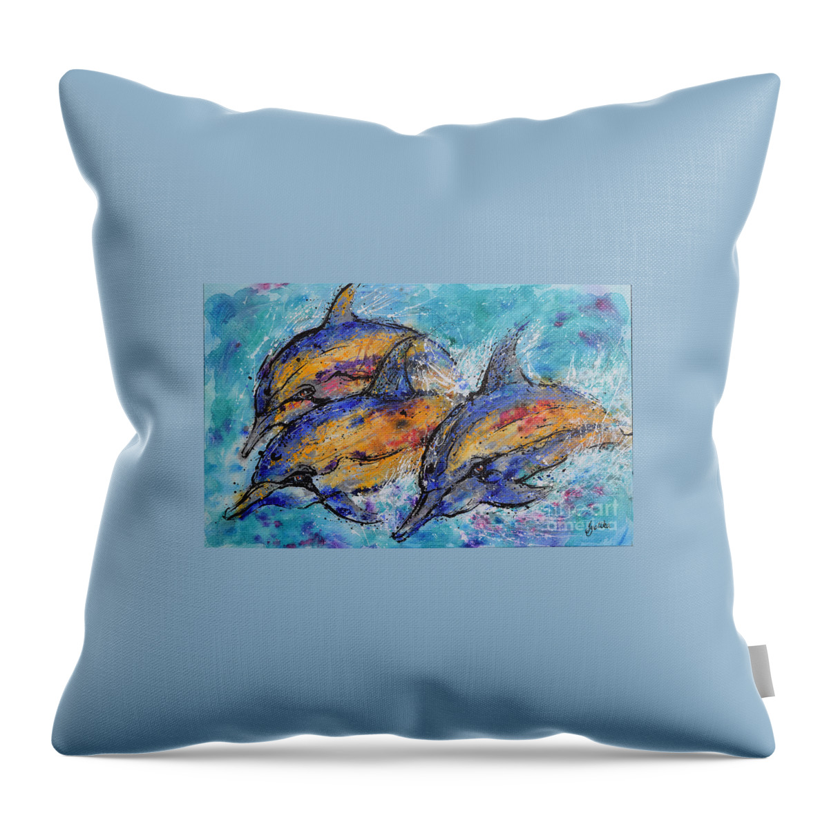 Dolphins Throw Pillow featuring the painting Playful Dolphins by Jyotika Shroff