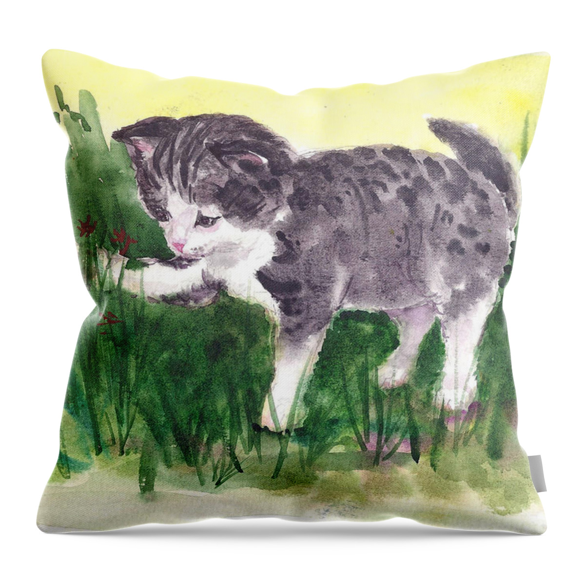 Kitten Throw Pillow featuring the painting Playful Kitten by Asha Sudhaker Shenoy
