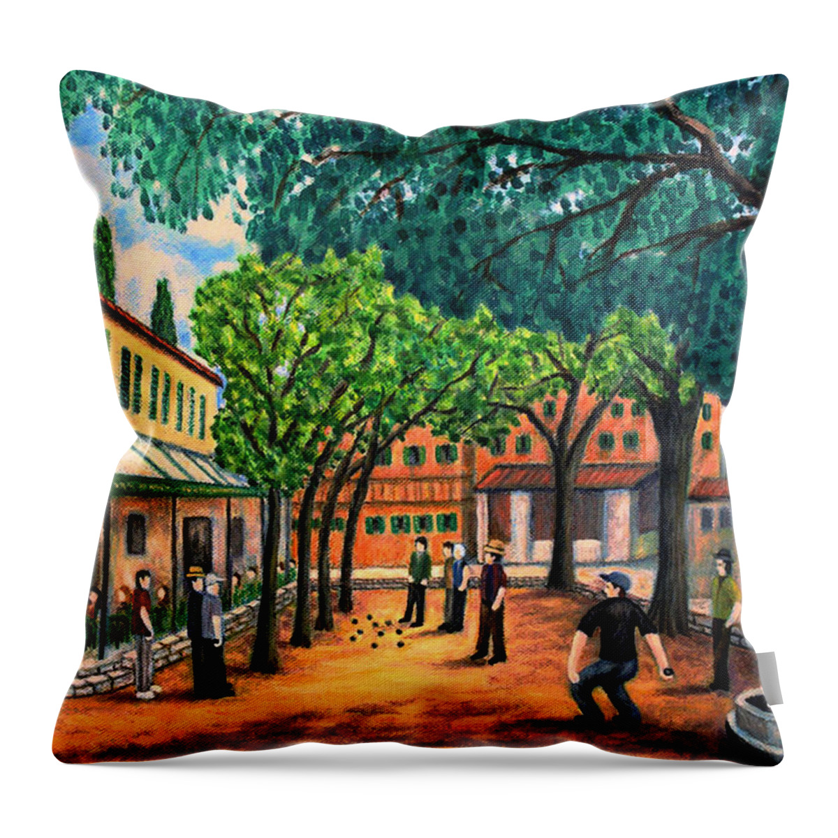 Petanque Throw Pillow featuring the painting Playing Boules in St Paul De Vence by Ronald Haber