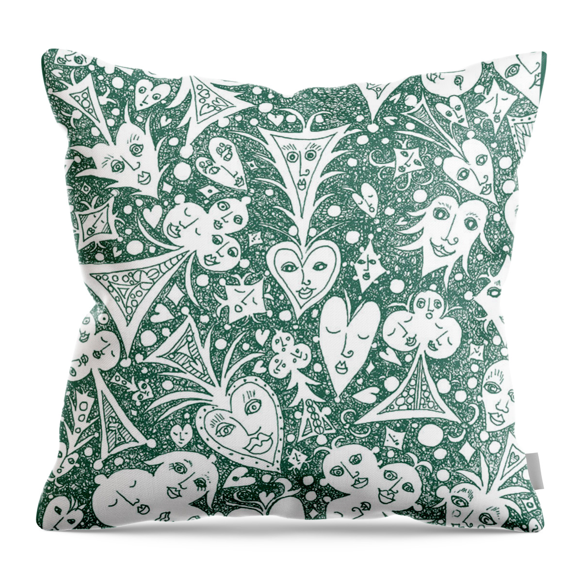 Lise Winne Throw Pillow featuring the drawing Playing Card Symbols with Faces in Hunter Green by Lise Winne