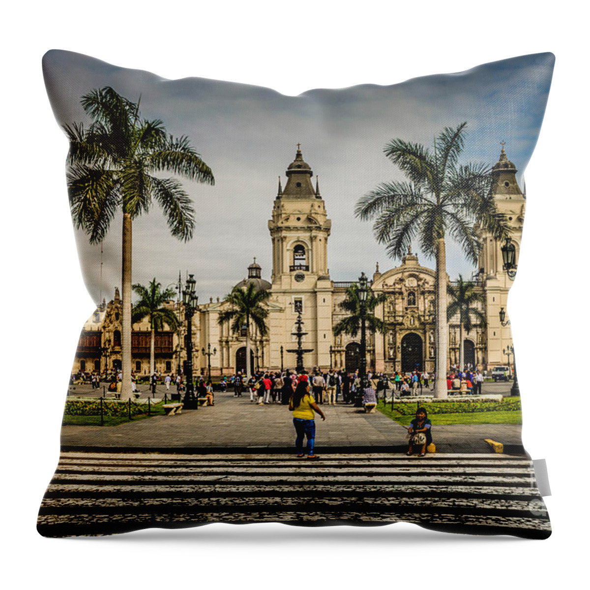 Plaza De Armas Of Lima Throw Pillow featuring the photograph Plaza de Armas of Lima, Peru by Mary Machare