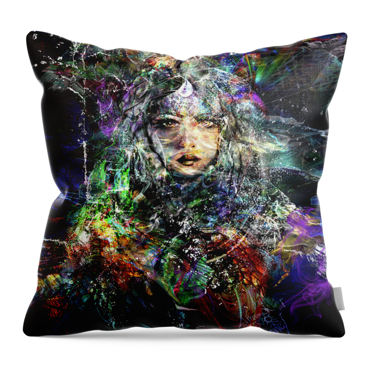 Pleiades Throw Pillow featuring the mixed media Pleiadian Bird Tribe Priestess by Atheena Romney