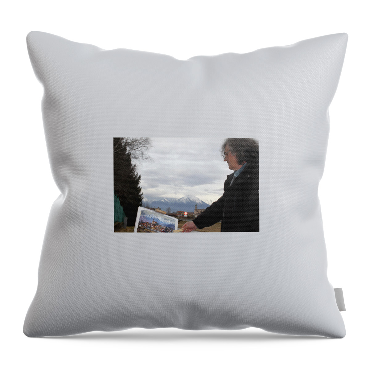 Throw Pillow featuring the painting Plein Air in Limano, Belluno, Italy by Ylli Haruni