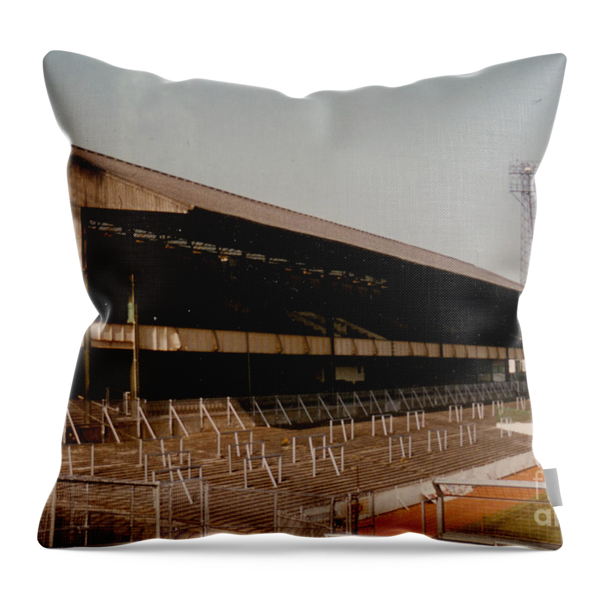  Throw Pillow featuring the photograph Plymouth Argyle - Home Park -Mayflower Stand 3 - 1970s by Legendary Football Grounds