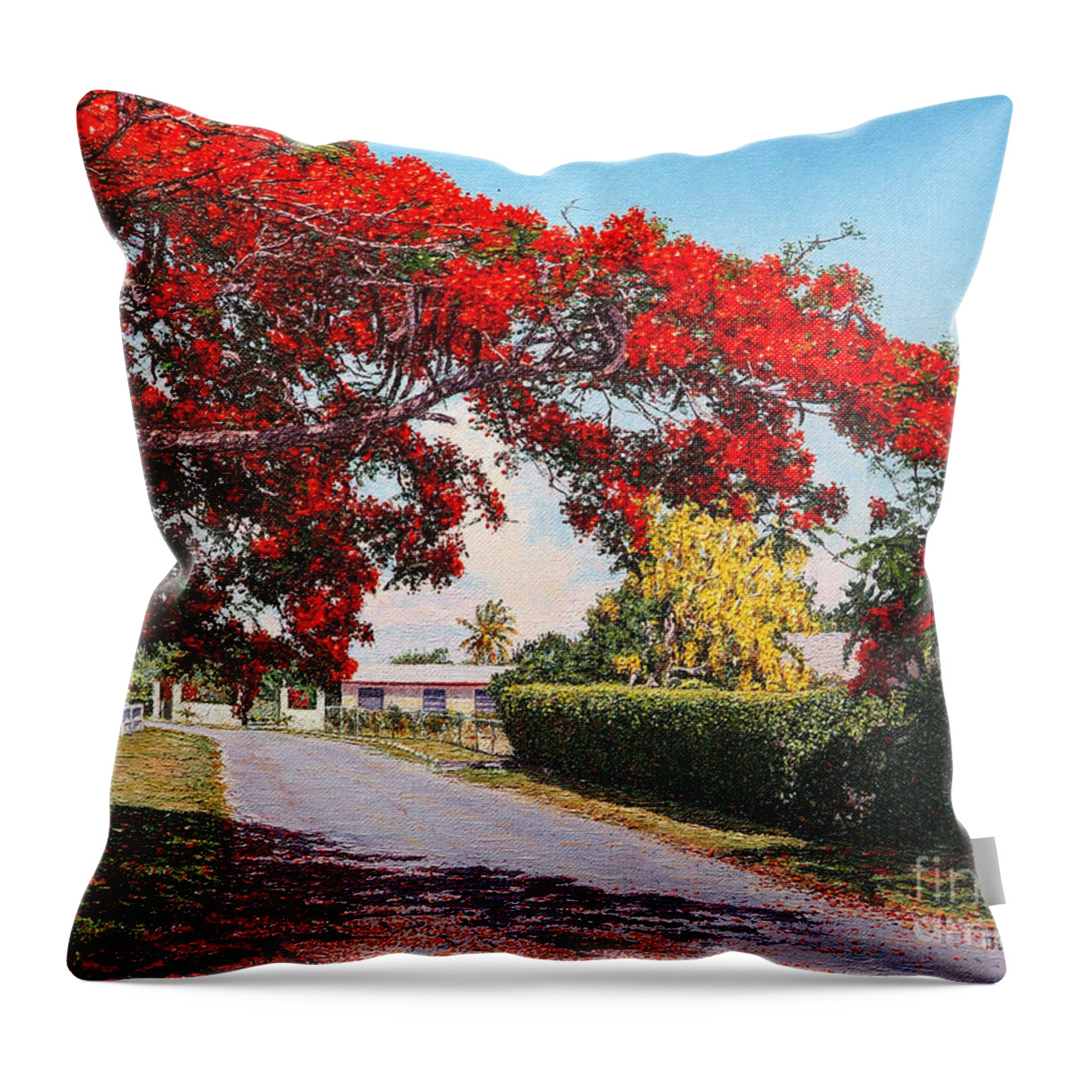 Eddie Throw Pillow featuring the painting Poinciana Shadows by Eddie Minnis