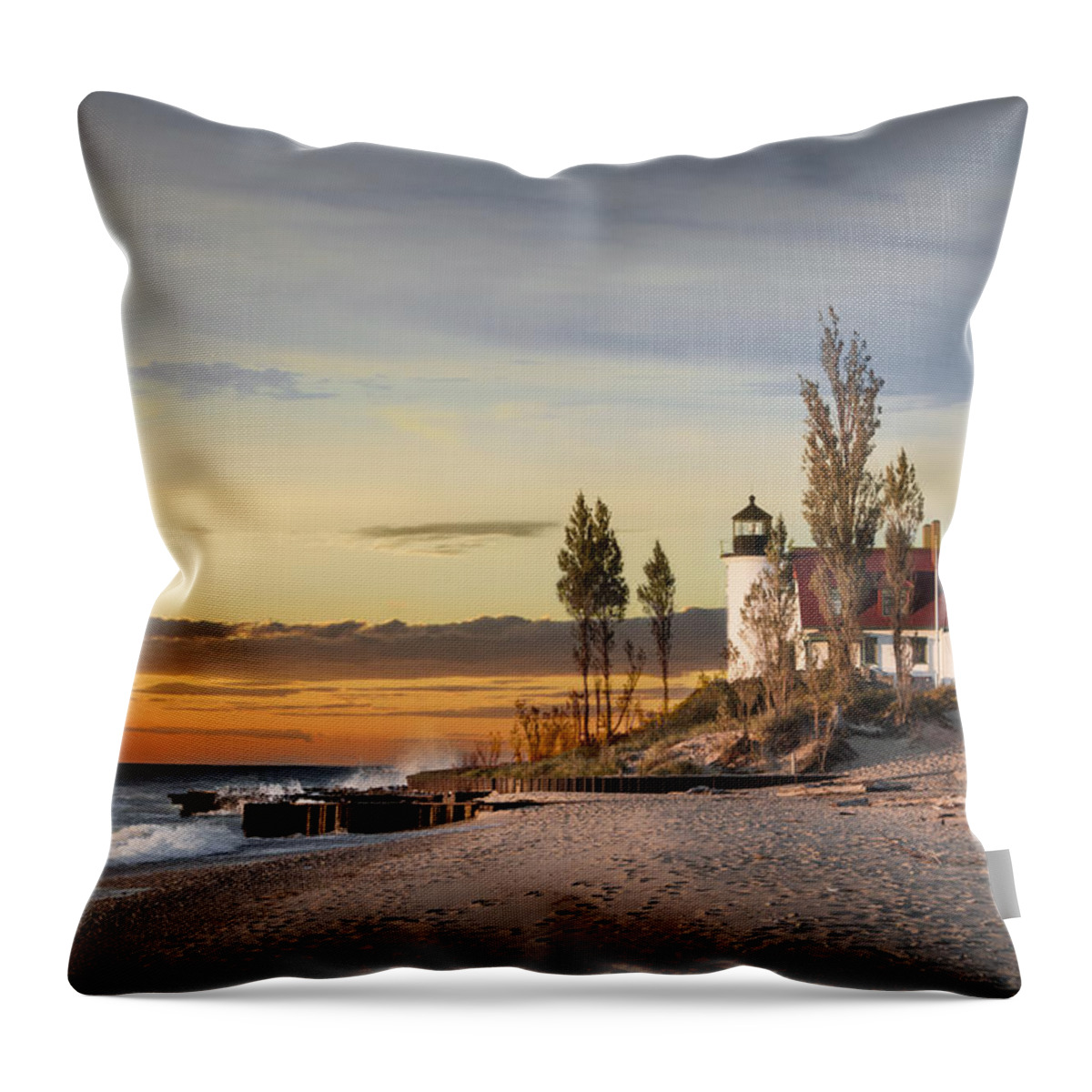 Art Throw Pillow featuring the photograph Point Betsie Lighthouse at Sunset on Lake Michigan by Randall Nyhof
