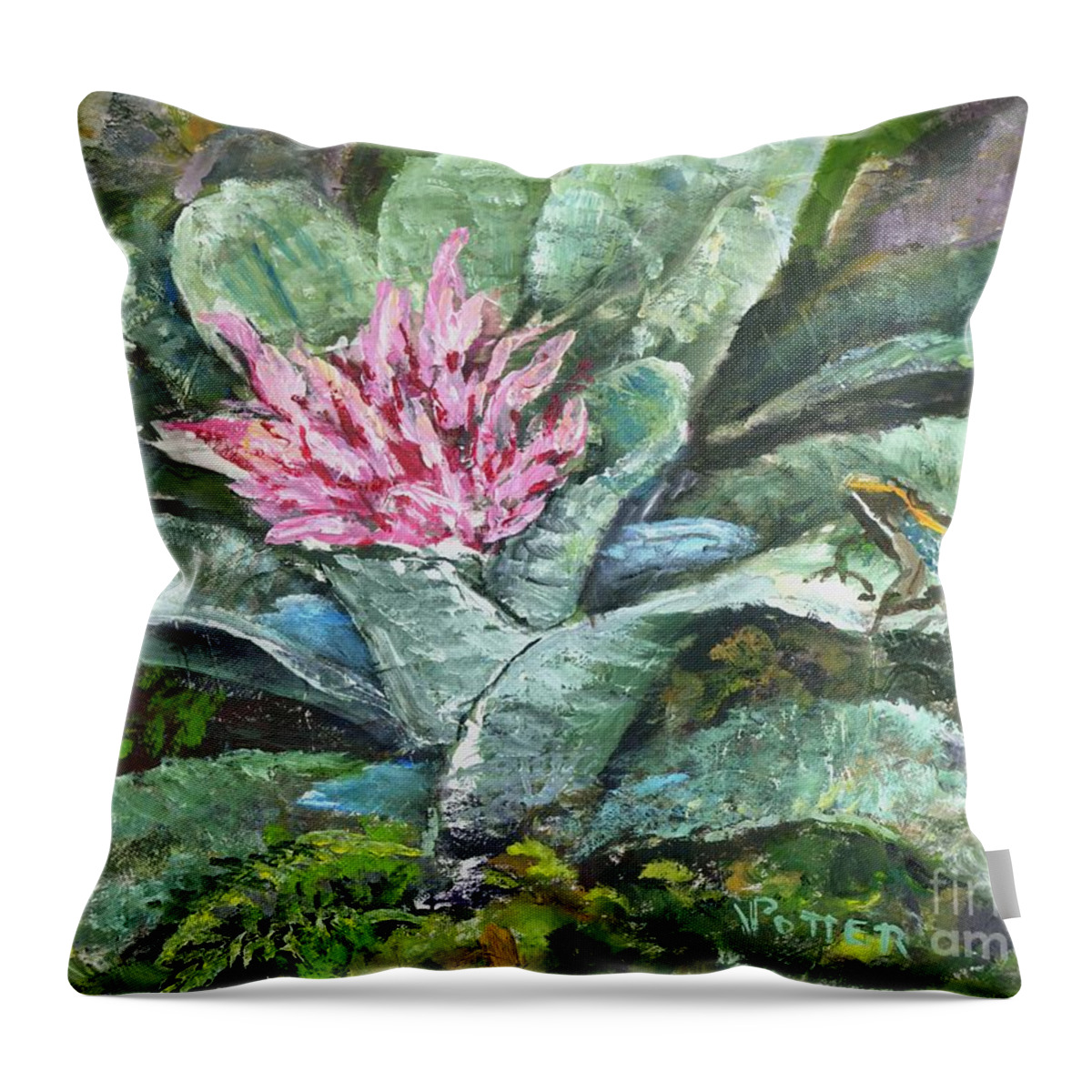 Frog Throw Pillow featuring the painting Poison Dart Frog on Bromeliad by Virginia Potter