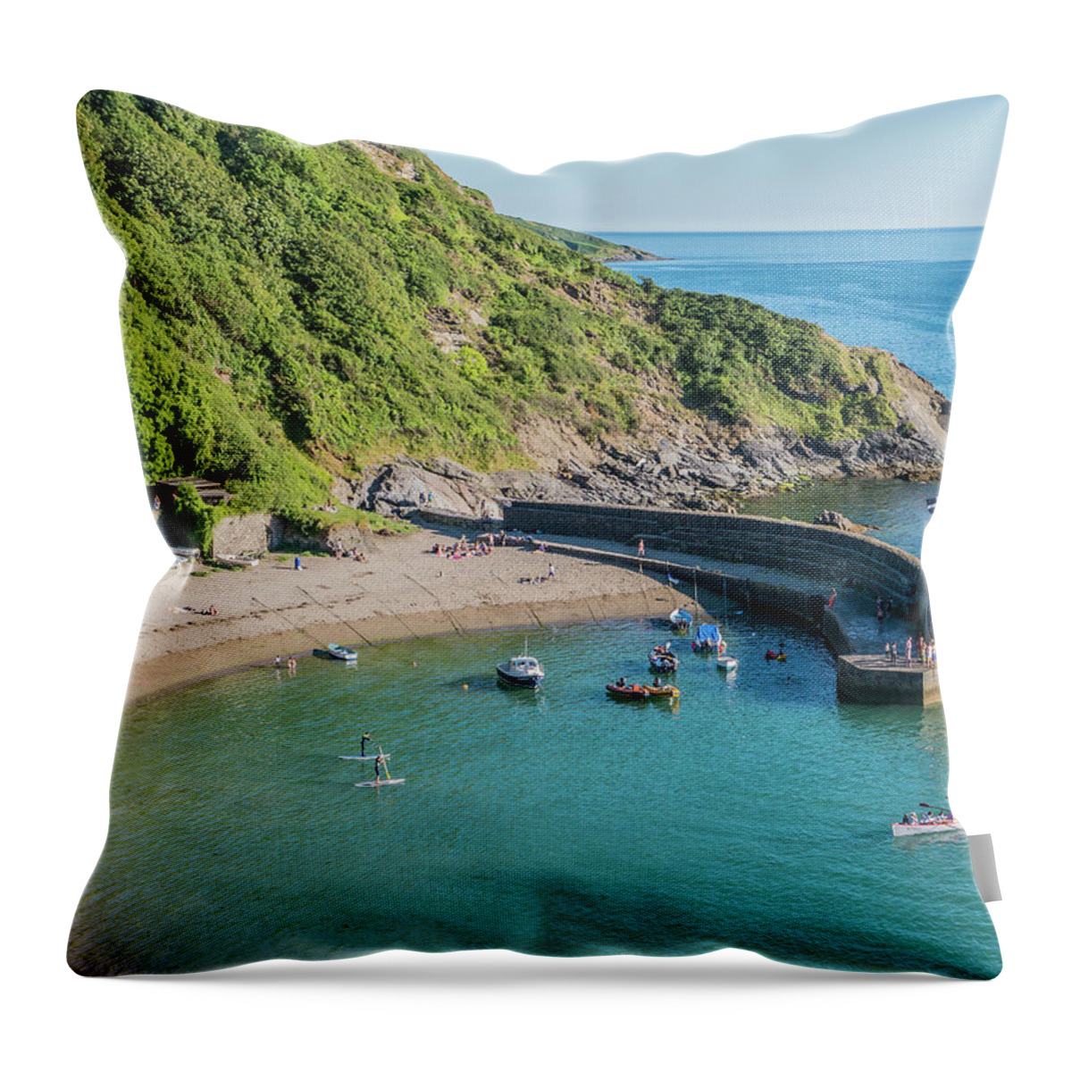 Polkerris Throw Pillow featuring the photograph Polkerris Beach and Harbour by Hazy Apple