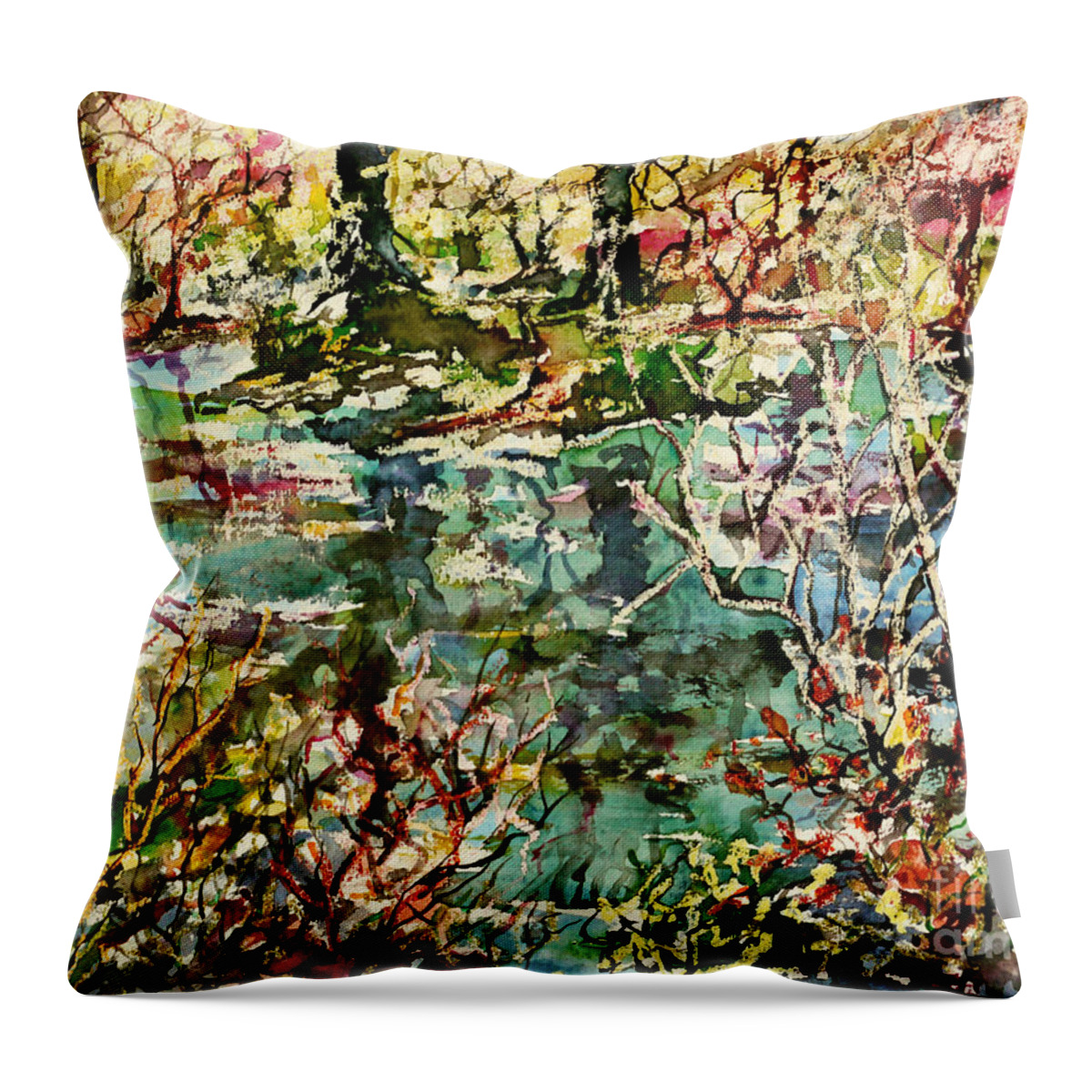 Watercolor Throw Pillow featuring the painting Pond and Beyond by Almo M