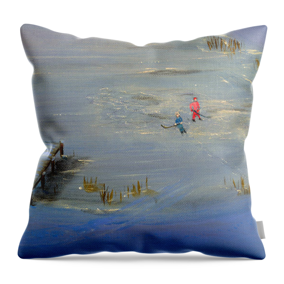 Sleigh Throw Pillow featuring the painting Pond Hockey by Ken Figurski