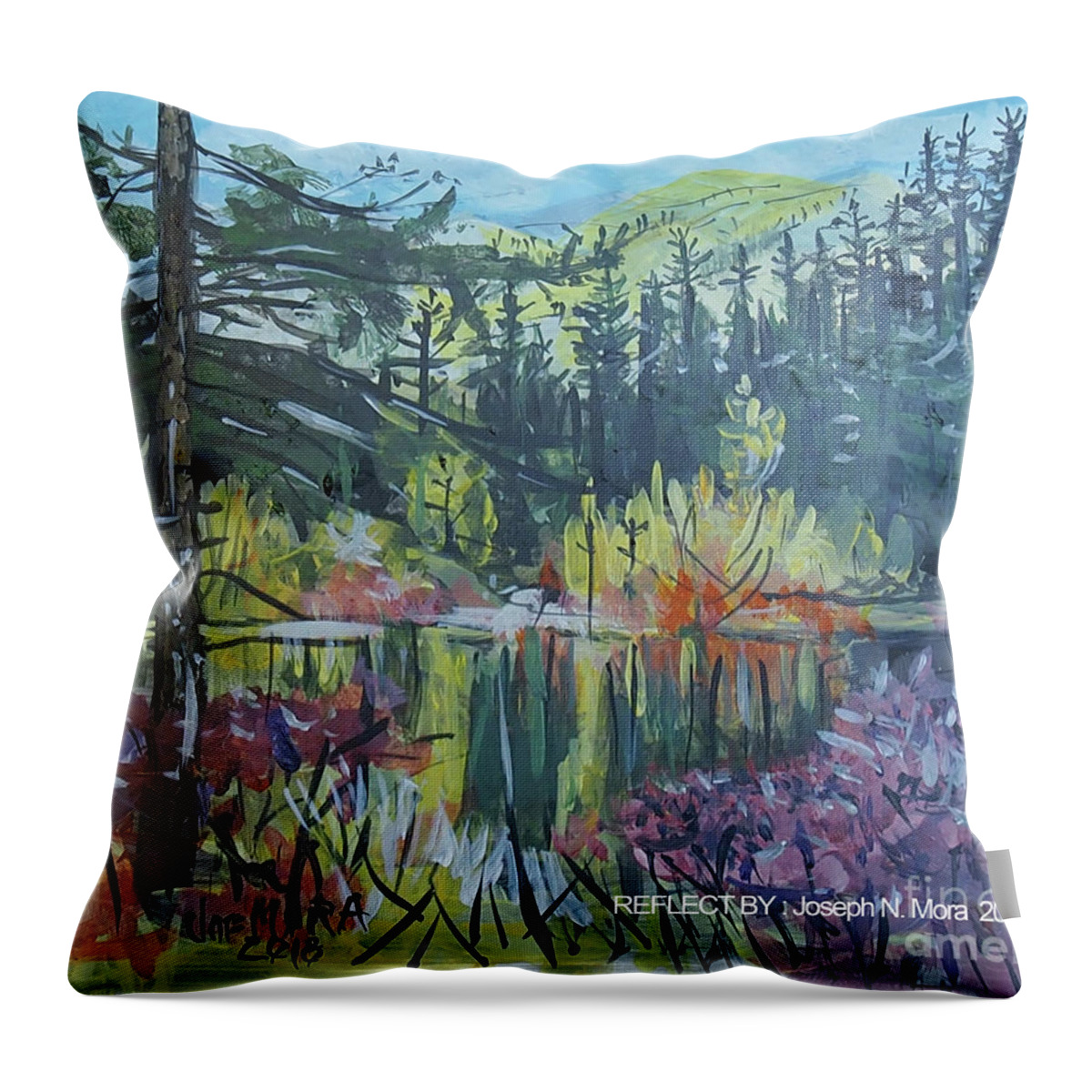 Acrylic Throw Pillow featuring the painting Pond Reflections by Joseph Mora