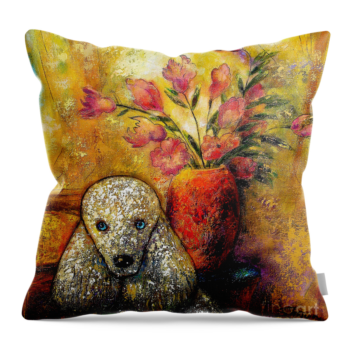 Portrait Throw Pillow featuring the painting Poodle in the Morning by Shijun Munns