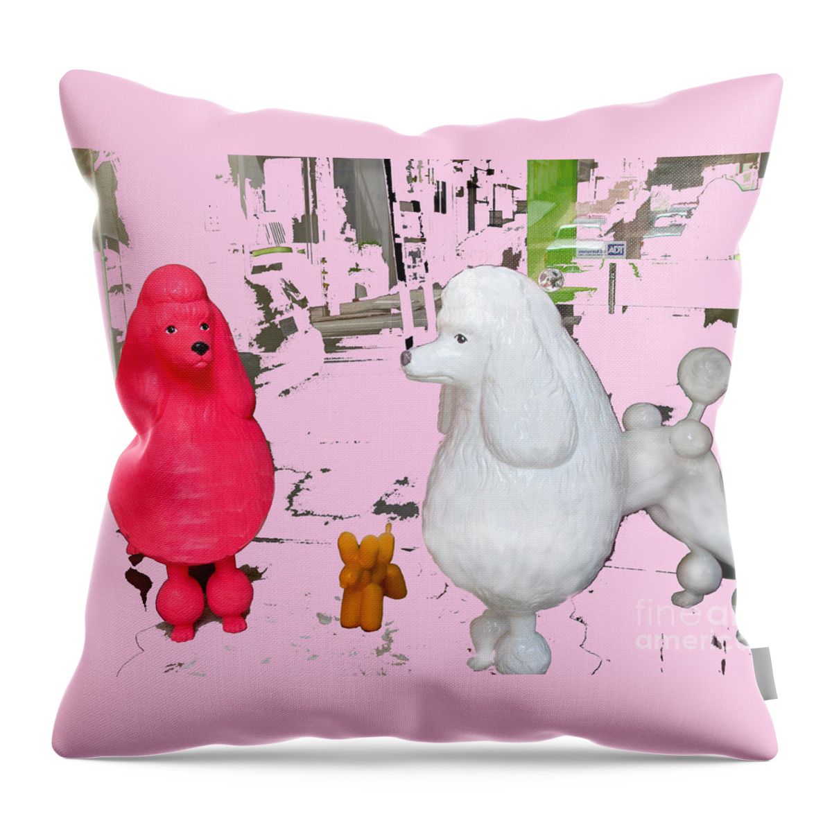 Poodle Throw Pillow featuring the mixed media Poodles Patrol City Streets by Beth Saffer