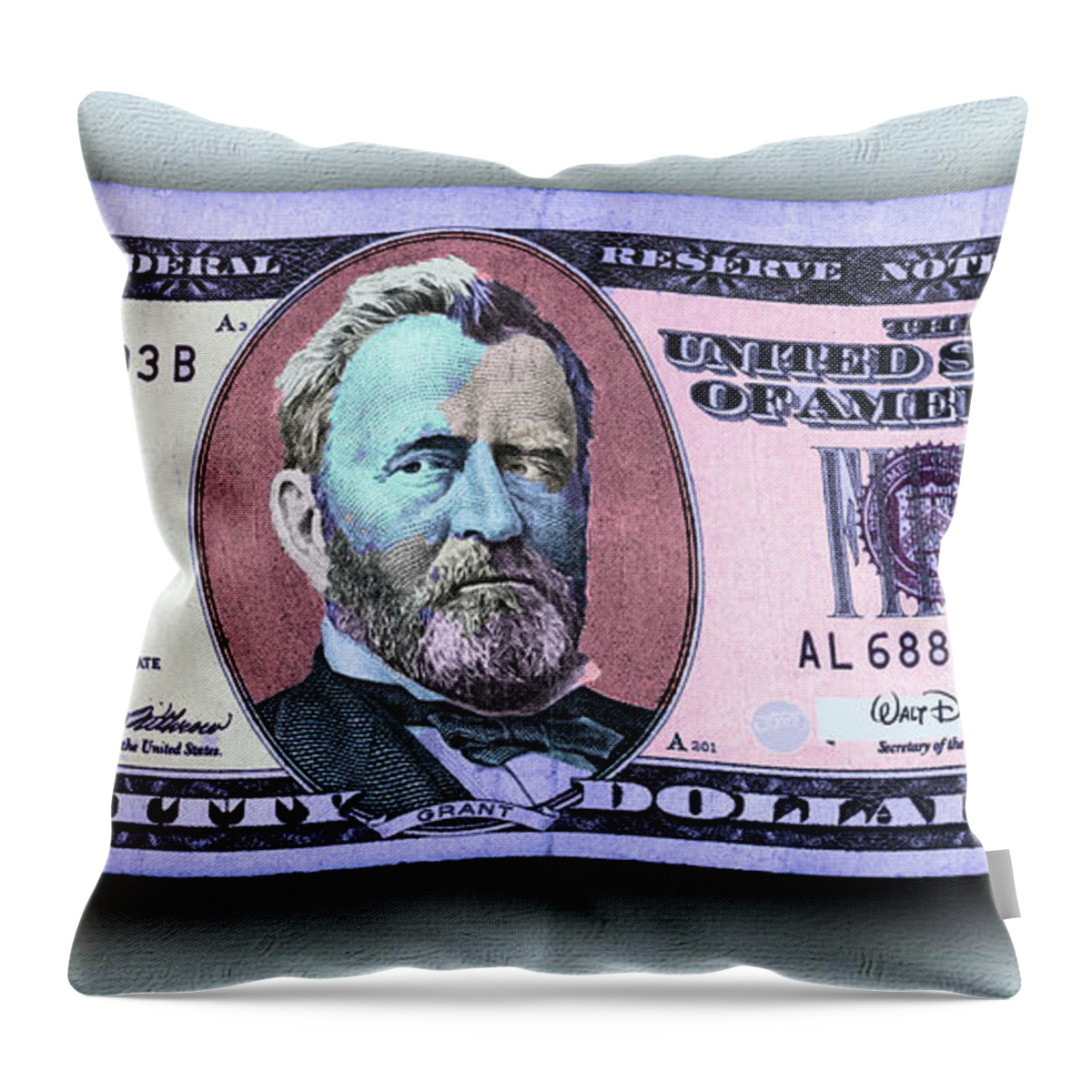 $50 Throw Pillow featuring the photograph Pop 50 Dollar Bill In The Wind Purple Blue by Tony Rubino