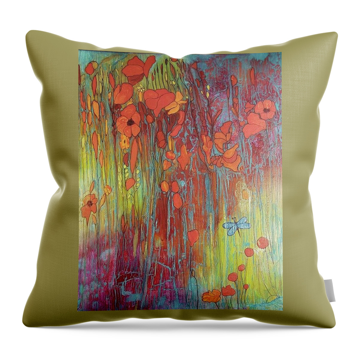 #acrylicpaintsandinks #acrylicabstracts #abstractartforsale.#originalartforsale #artandmusic #supportlocalartists #canvasart #sugarplum #sugarplumtheband.com Throw Pillow featuring the painting Poppies and Dragonfly by Cynthia Silverman