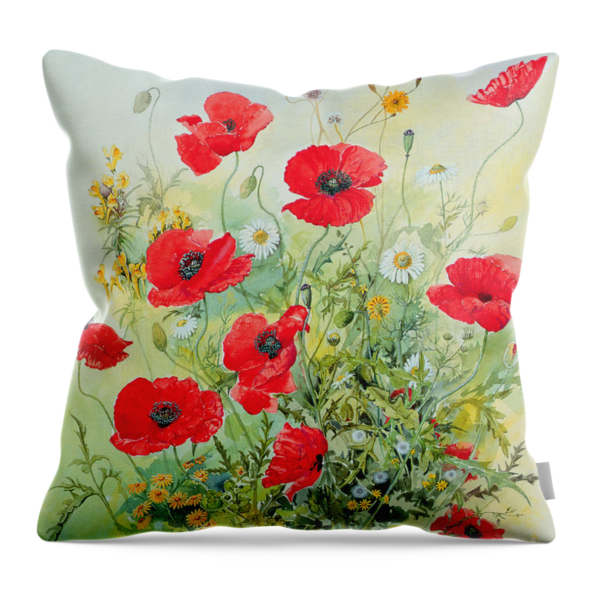 #faatoppicks Throw Pillow featuring the painting Poppies and Mayweed by John Gubbins