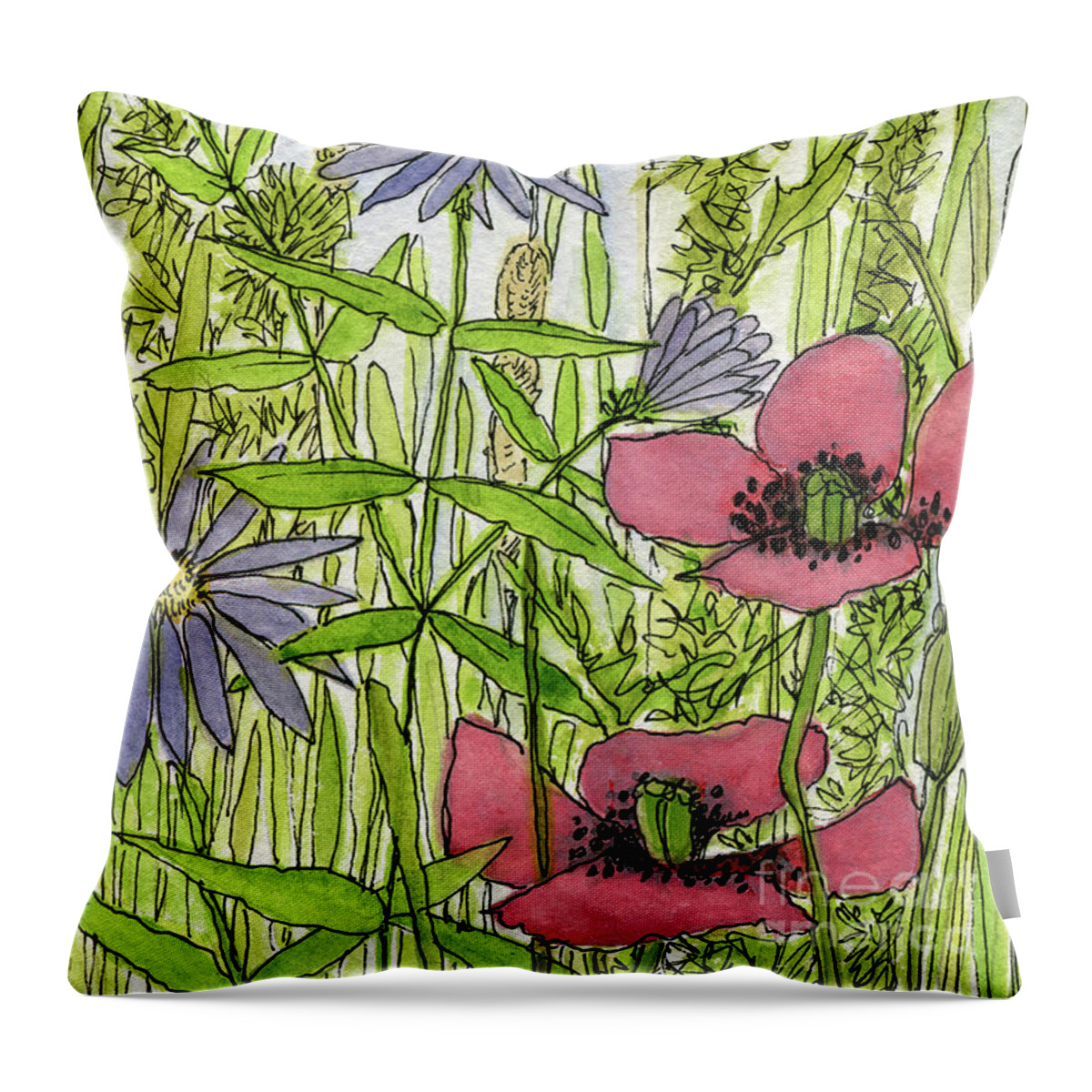 Watercolor Throw Pillow featuring the painting Poppies and Wildflowers by Laurie Rohner