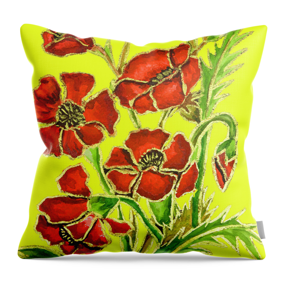 Poppy Throw Pillow featuring the painting Poppies on yellow background, painting by Irina Afonskaya