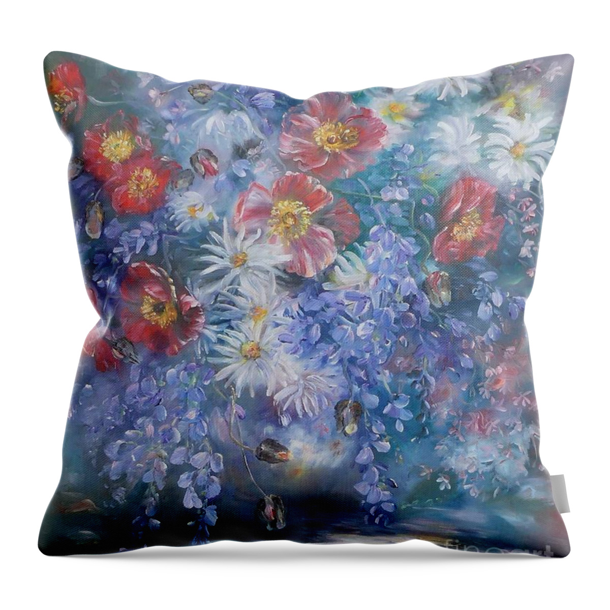 Poppies Throw Pillow featuring the painting Poppies, Wisteria and marguerites by Ryn Shell