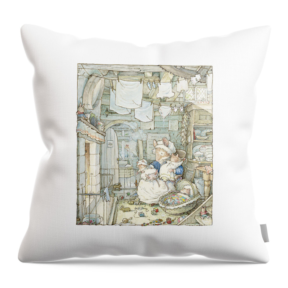 Brambly Hedge Throw Pillow featuring the drawing Poppy and her babies sit by the fire by Brambly Hedge