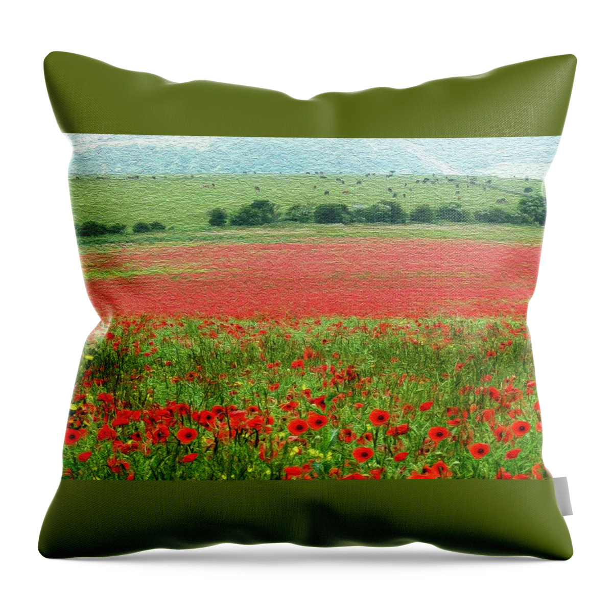 Poppies Throw Pillow featuring the photograph Poppy Field and Cows by Vanessa Thomas