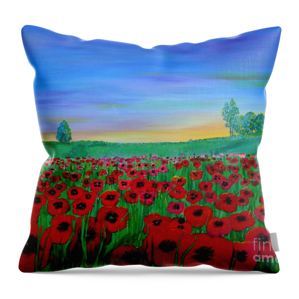 Poppies Throw Pillow featuring the painting Poppy Field at Sunset by Karen Jane Jones