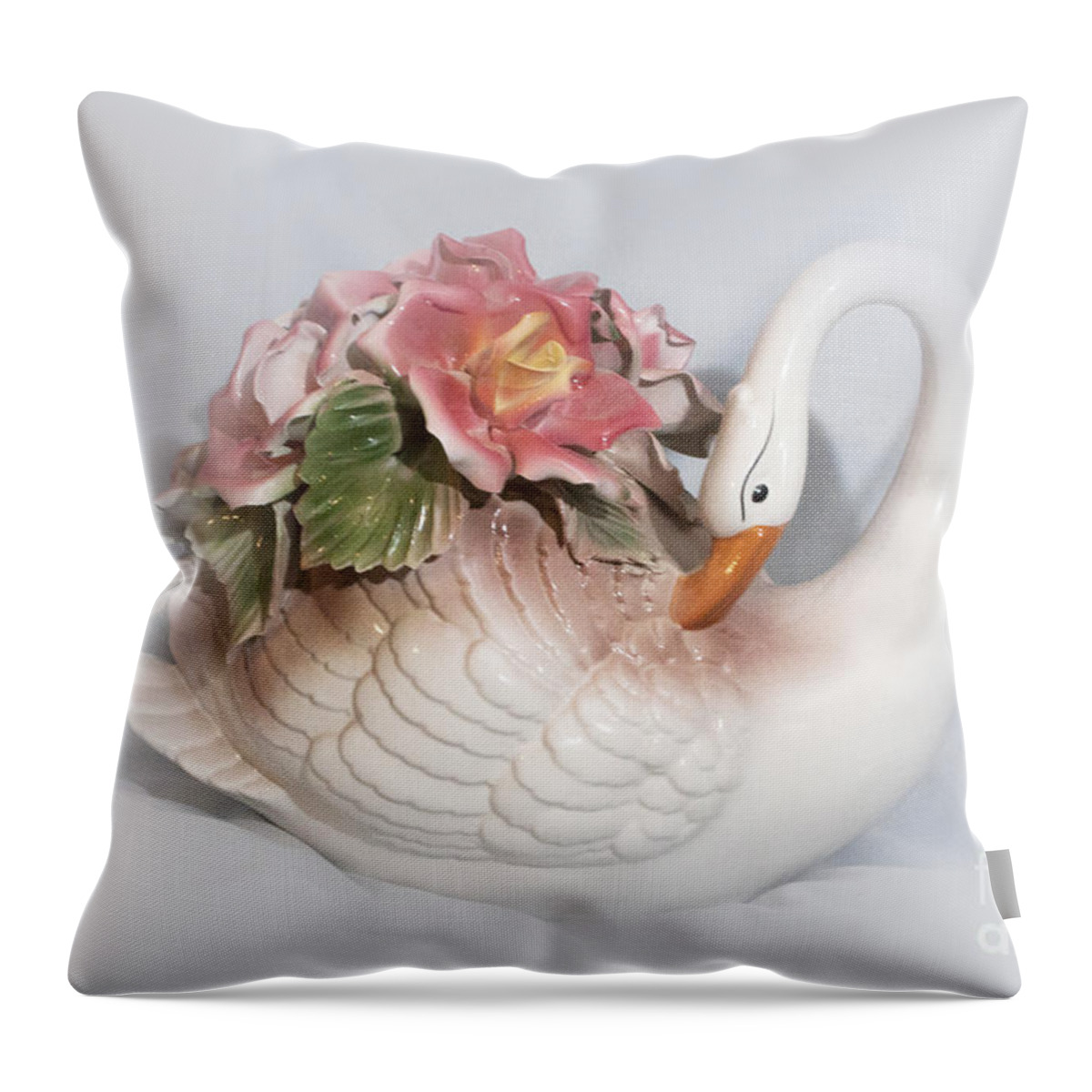 Art Throw Pillow featuring the photograph Porcelain Swan with Roses by Linda Phelps