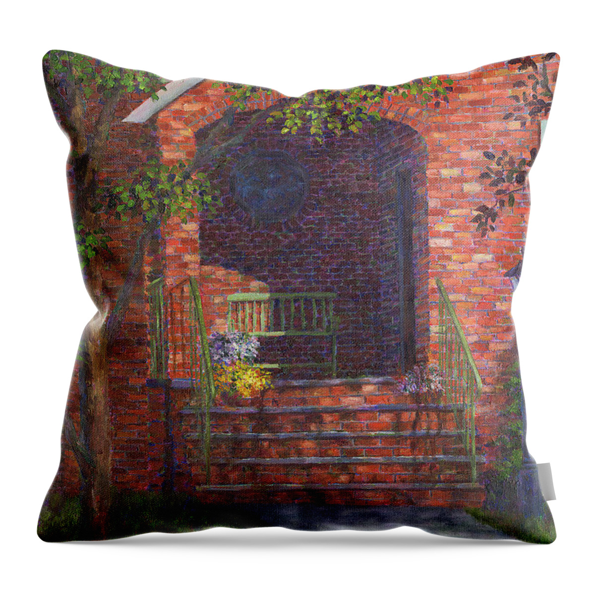 Porch Throw Pillow featuring the painting Porch with Green Bench by Susan Savad