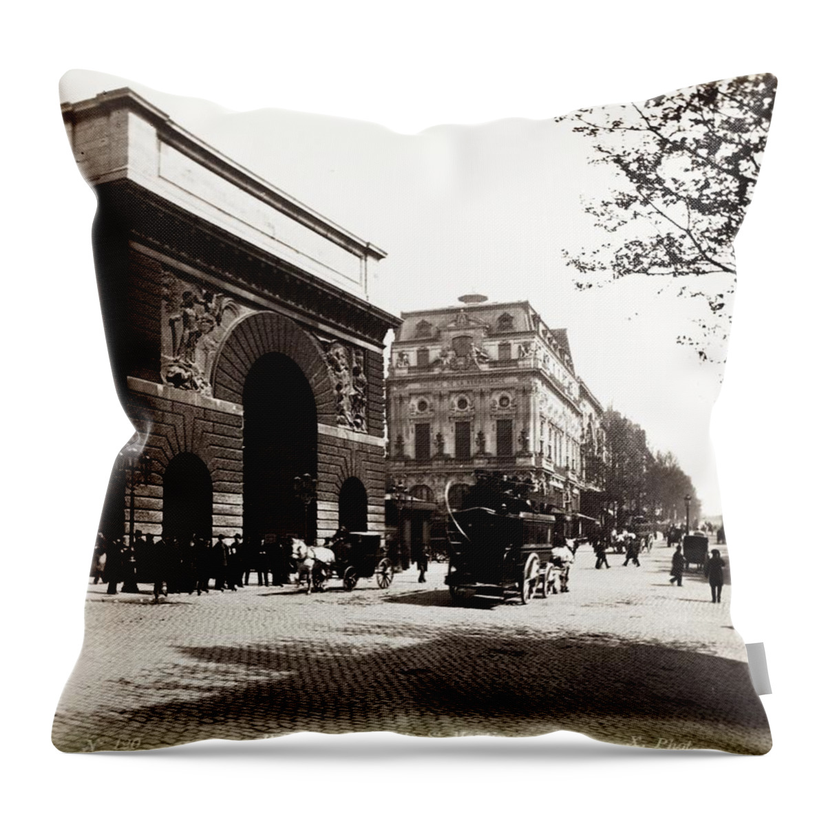 Triumphal Arch Throw Pillow featuring the painting Porte Saint-Martin, Boulevard Saint-Martin, Paris ca. 1890 by Vincent Monozlay