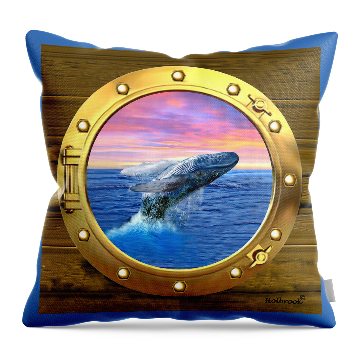 Whale Throw Pillow featuring the digital art Porthole View of Breaching Whale by Glenn Holbrook