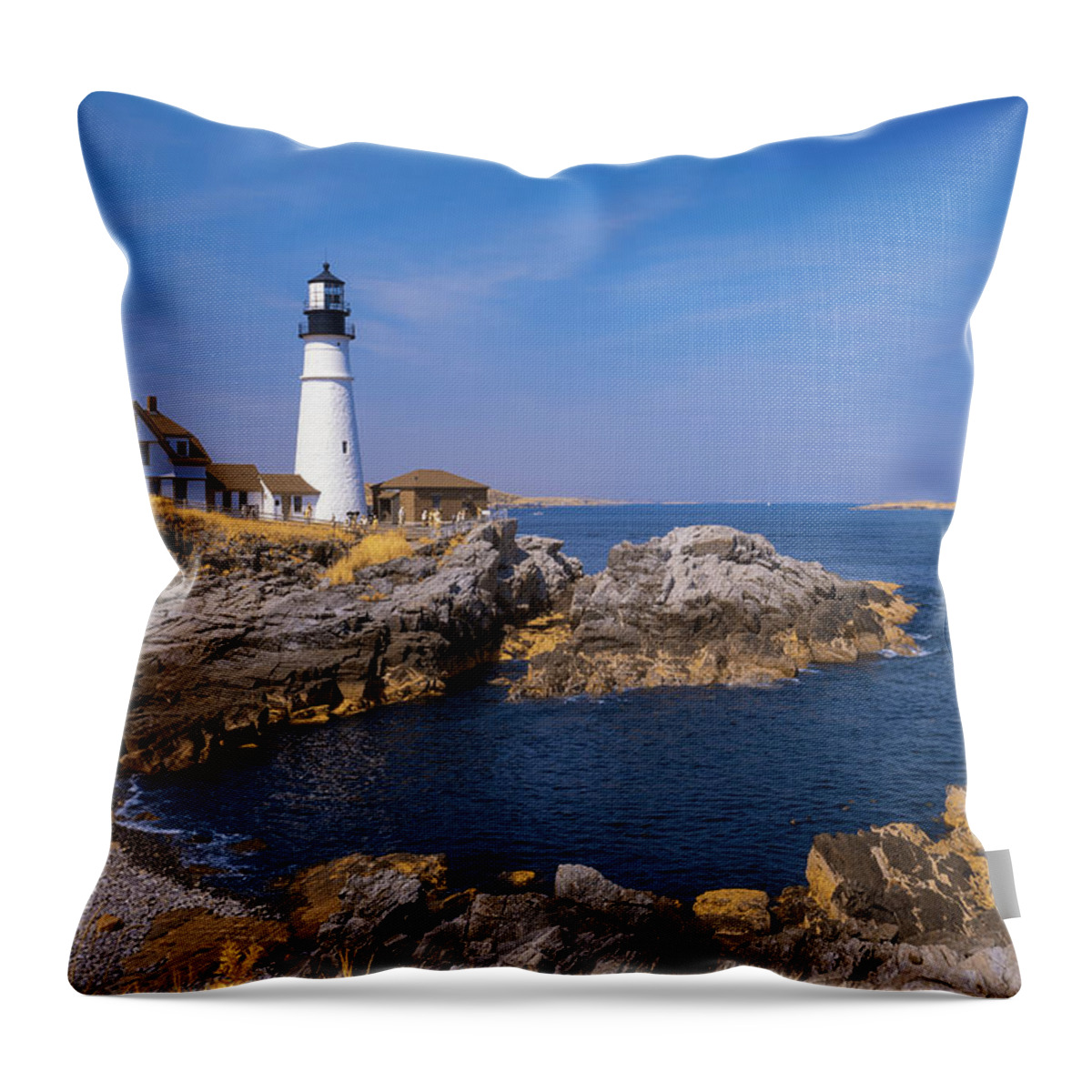 Portland Head Portlandhead Light House Lighthouse Outside Outdoors Atlantic Ocean Scenic Sea Seaside Coast Coastal Oceanside Architecture Ir Tiffen Blue 047 #47 Filter Full Spectrum Camera Newengland Cape Elizabeth New England Maine Me Brian Hale Brianhalephoto Infrared Rocky Outside Outdoors Nature Natural Throw Pillow featuring the photograph Portland Head Infrared Light by Brian Hale