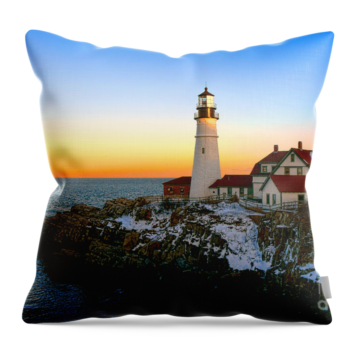 Portland Throw Pillow featuring the photograph Portland Head Light Winter Sunset by Olivier Le Queinec