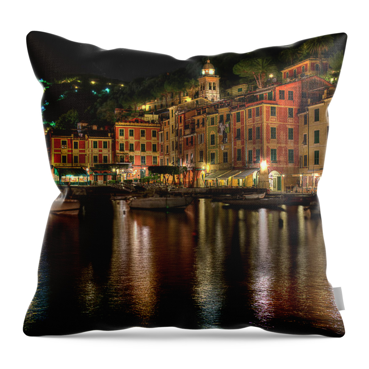Portofino Throw Pillow featuring the photograph PORTOFINO BAY BY NIGHT II - Notte sulla baia di Portofino II by Enrico Pelos