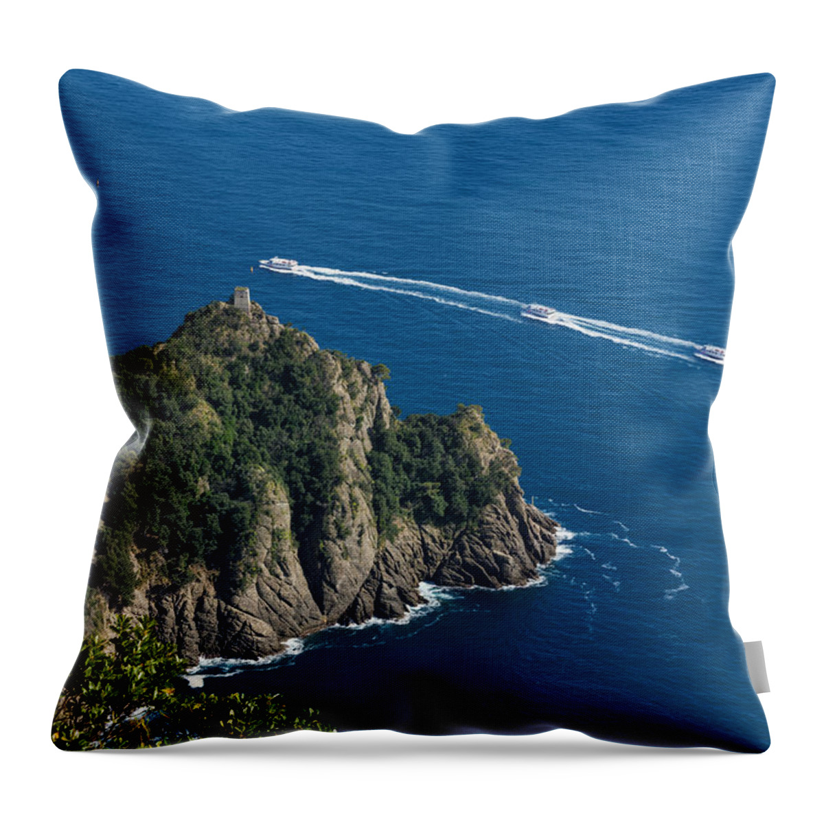 Portofino Throw Pillow featuring the photograph Portofino Cala Dell'oro Bay Ancient Guard Tower With Boats by Enrico Pelos