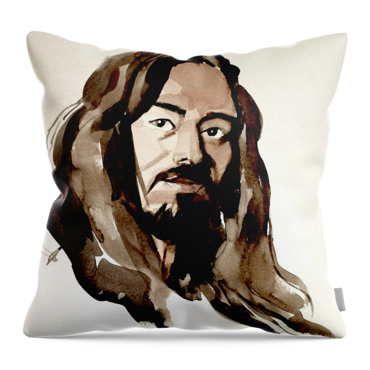 Portrait Throw Pillow featuring the painting Watercolor Portrait of a Man with Long Hair by Greta Corens