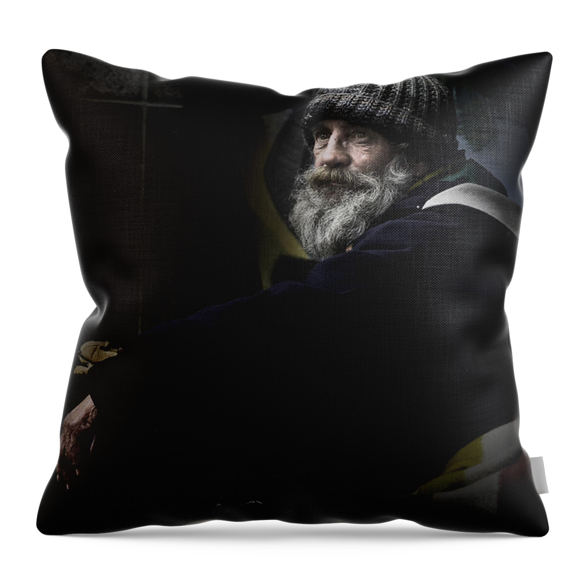 Homeless Throw Pillow featuring the photograph Portrait of a homeless man by Sheila Smart Fine Art Photography