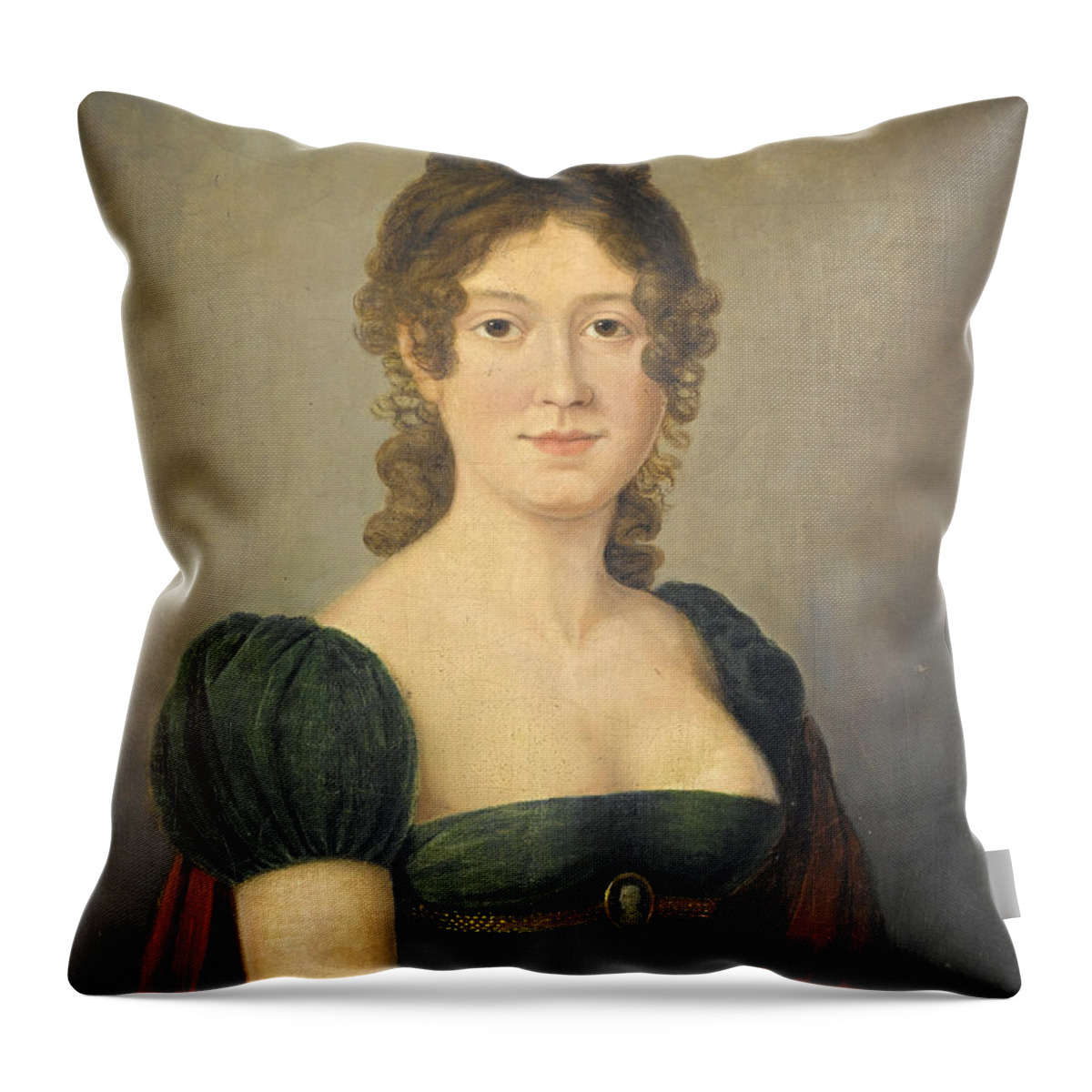 French School Throw Pillow featuring the painting Portrait of a Lady in a Green Dress decorated with a Cameo by French School